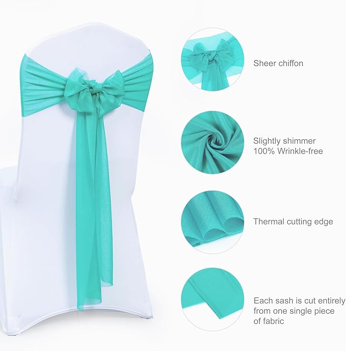 VDS Pack of 25, Teal, Sheer Chiffon Chair Sashes Bows Chair Cover Back Tie Ribbon for Wedding Birthday Baby Shower Engagement Ceremony Event Party Banquet Restaurant Dining Chair Decoration