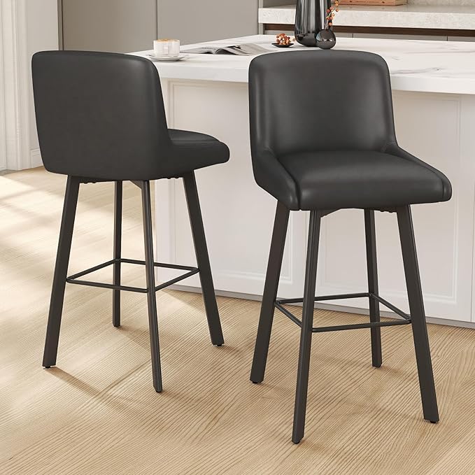 Swivel Bar Stools, 29''H Upholstered Barstools with Backs, Modern Counter Height Bar Stool Chairs for Kitchen Island, Metal Legs (Black- Faux Leather, Set of 2-29" H)