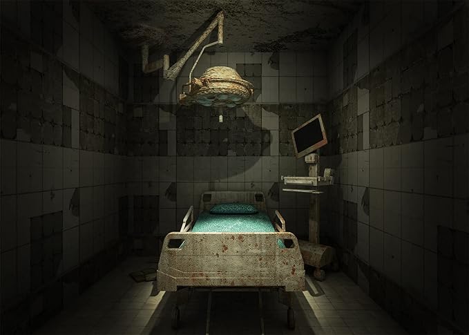 CORFOTO Fabric Creepy Abandoned Operating Room Backdrop Spooky Horror Hospital Interior Background Sickbed Bloody Murder Crime Party Decorations Kids Adults Halloween Party Banner Photo Props