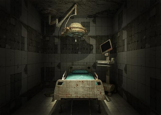 CORFOTO 9x6ft Fabric Creepy Abandoned Operating Room Backdrop Spooky Horror Hospital Interior Background Sickbed Bloody Murder Crime Party Decorations Kids Adults Halloween Party Banner Photo Props