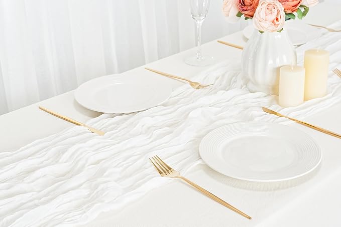 combocube 12 Pack 35x120 Inch 10Ft Cheesecloth Long Table Runner Gauze Rustic Romantic Table Cloth for Wedding Reception Bridal Shower Holiday Birthday Party Table Decorations, White