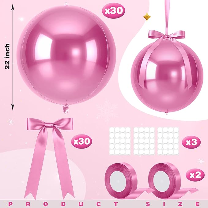 Jenaai 30 Set Valentine's Day Round Foil Balloons Bulk 22 Inch 4d Metallic Giant Balloons Set with Satin Bows Ribbon for Ceiling Holiday Ornaments New Year Birthday Wedding Party Decoration(Pink)