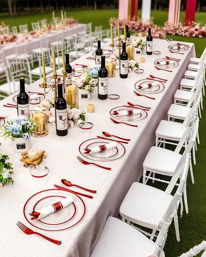 175PCS Plastic Clear & Red Plates for Party, Disposable Dinnerware Sets Suitable for 25 Guests,50 Plastic Plates, 25 Cups, 25 Pre-Rolled Napkins with Cutlery for Christmas, Wedding
