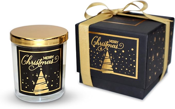 CharmLab Candle – Wood & Spice Sandal Scented Glass Jar Candle in Black Gift Box with Gold Ribbon & Christmas Tree Design, 12 oz, Natural Bio Wax, 40 Hr Burn, Holiday Gift & Festive Home Decor