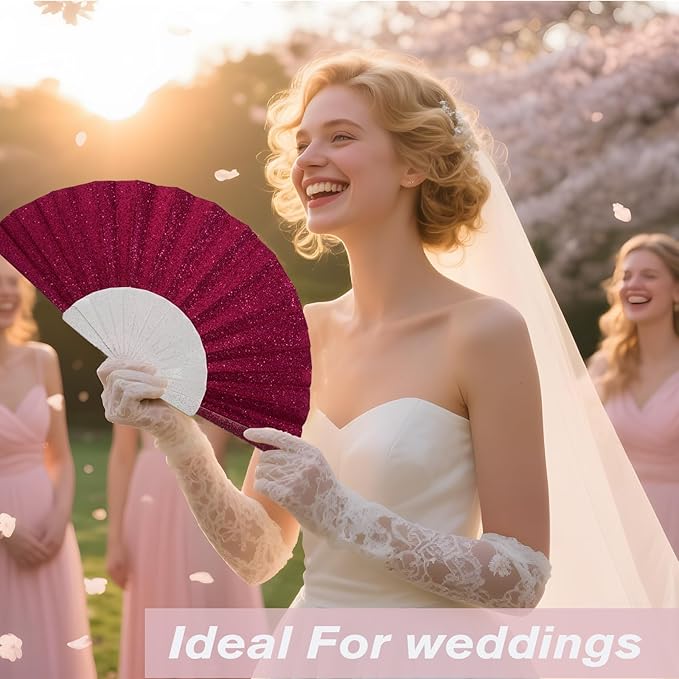 24 Pack Handheld Fan,Folding Hand Glitter fan with Shining Transparent Fan Rib – Ideal for Wedding, Church, Festival, Dance, Tea Party, Club, and EDM Accessories, Deep pink