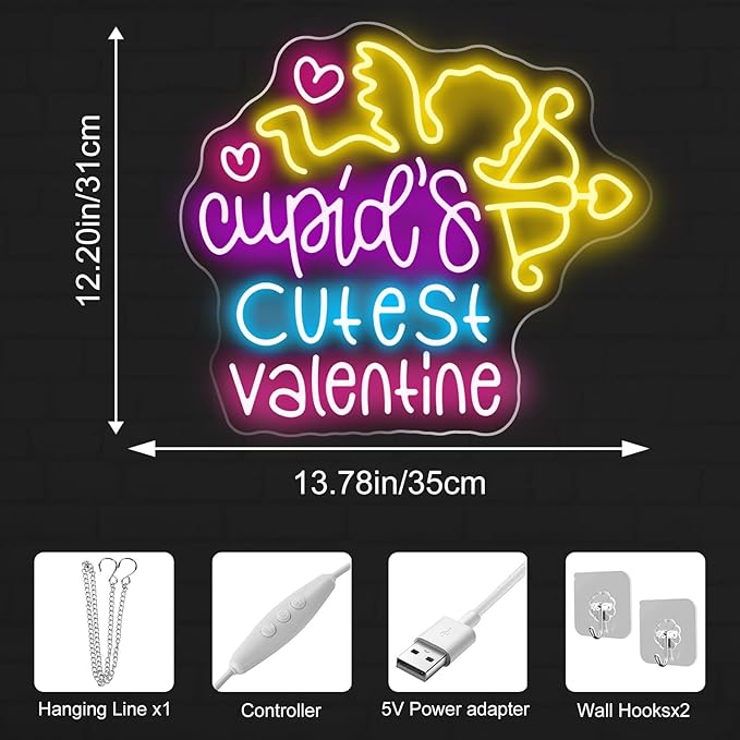 Cupid's Cutest Valentine Neon Sign - 5-Level Dimmable USB Valentine's Day Decor & Neon Signs for Wall Decor, Ideal for Wedding, Party, Shop Walls, Cute Bedroom Light Up Art