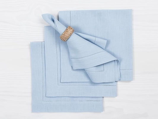 Solino Home Sky Blue Linen Napkins Set of 4-100% Pure Linen Hemstitch Dinner Napkins 20 x 20 Inch for Spring, Easter - Classic Hemstitch