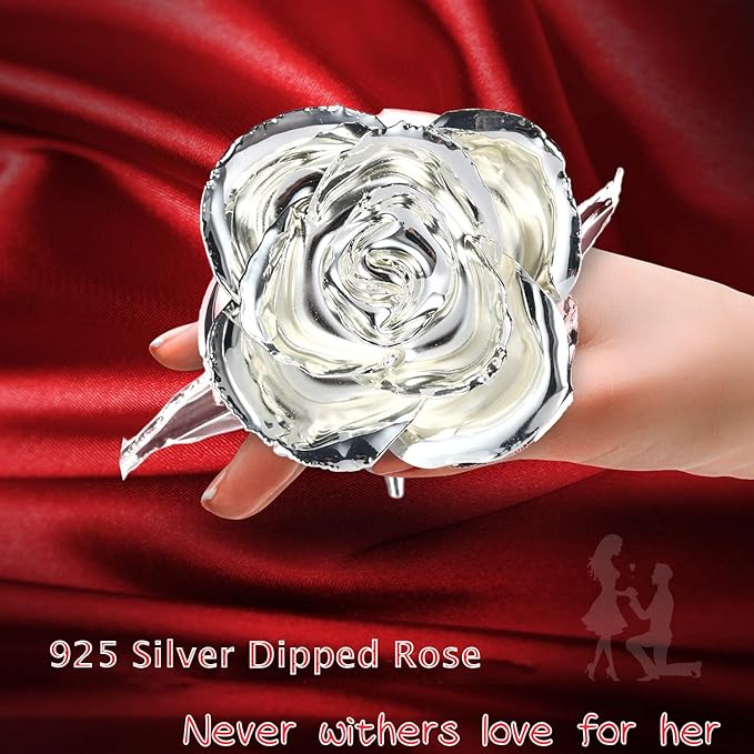 Silver Rose, Silver Dipped Rose Made from Real Rose Best Gifts for her and 25th for Wife, Silver with Stand