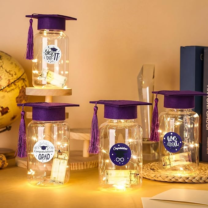 Boao 16 Sets Graduation Table Decoration Set with LED Light up Graduation Decorations for Class of 2026, Grad Jar, Felt Grad Hat and Stickers for High School College(Purple)