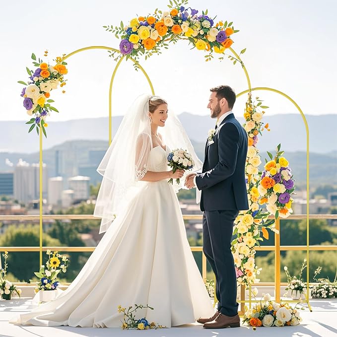 FOTSHARER Wedding Arch Stand and Cover Set of 3 Gold Arch Backdrop Stand with Beige Arch Covers 7.2FT 6.6FT 6FT Background Arch Stand for Garden Arbor Wedding Backdrop Stand Party Anniversary Decor