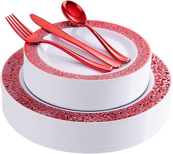 U-QE 150PCS Red Plastic Plates with Red Plastic Silverware, Red Disposable Plates Include 30 Dinner Plates 10.25", 30 Salad Plates 7.5",30 Forks,30 Knives,30 Spoons Perfect for Valentine's Day