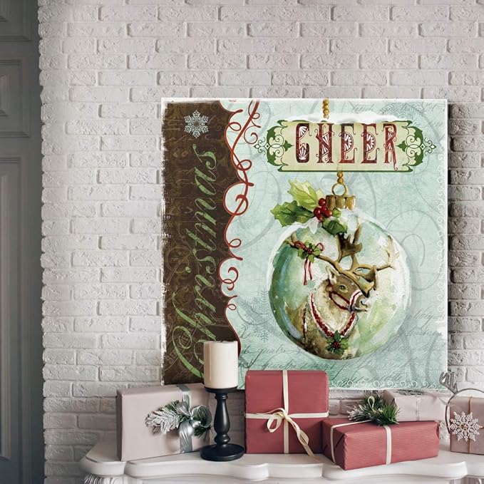 Renditions Gallery Christmas Cheer Ornament Wall Art, Cute Winter Decor, Festive Reindeer with Red & Green Holly, Premium Gallery Wrapped Canvas, Ready to Hang, 24 in H x 24 in W, Made in America