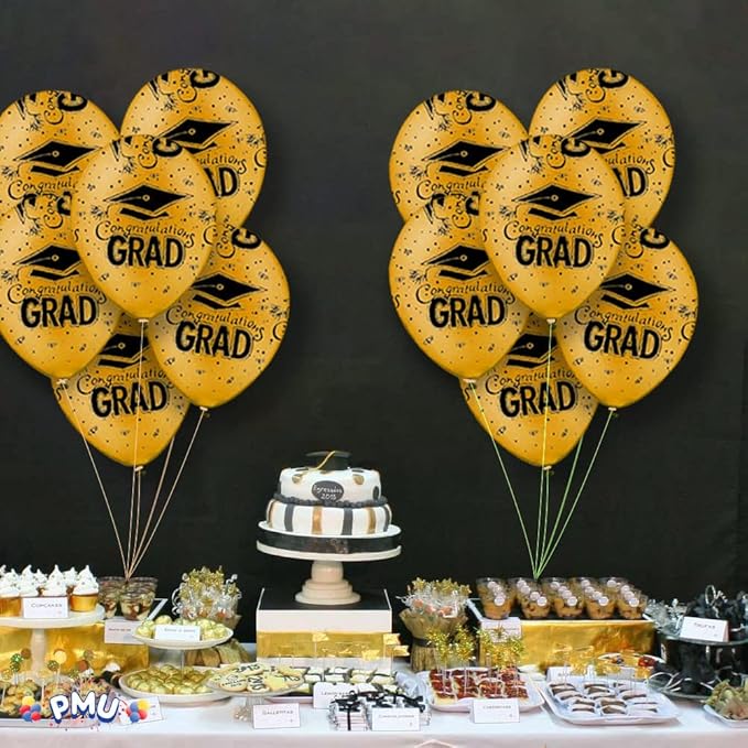 PMU 100 Pcs Gold Graduation Balloons Class of 2025 with All-Over Print White Grad Caps-Confetti and Streamers | Graduation Party Supplies | Congratulations Grad Latex Balloons Latex