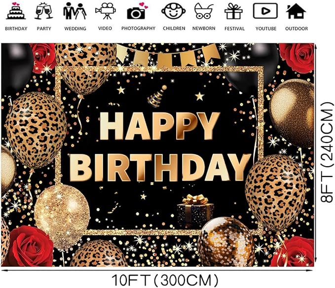8X10FT Happy Birthday Background Gold Glitter Flash Black Leopard Print Balloon Photo Background Party Decoration Cake Table Banner Wall Decoration Photo Shooting Props Supplies 100