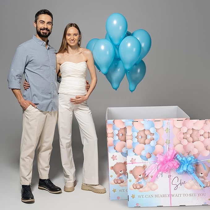 AmazingSpark 28in Jumbo Gender Reveal Gift Box Kit with Oversized Box Giant Pull Bows for Gender Reveal Baby Shower Birthday Party Decor (Boho Teddy Bear)