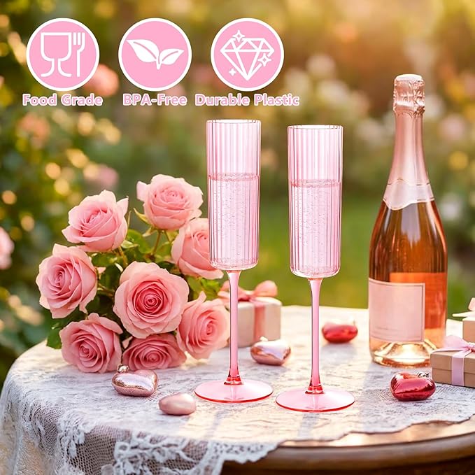 36 Pack Pink Plastic Champagne Flutes - 6oz Ribbed Disposable Champagne Glasses - Clear Pink Vintage Mimosa Glasses with Long Stem Elegant & Lightweight for Valentine's Day Wedding Party