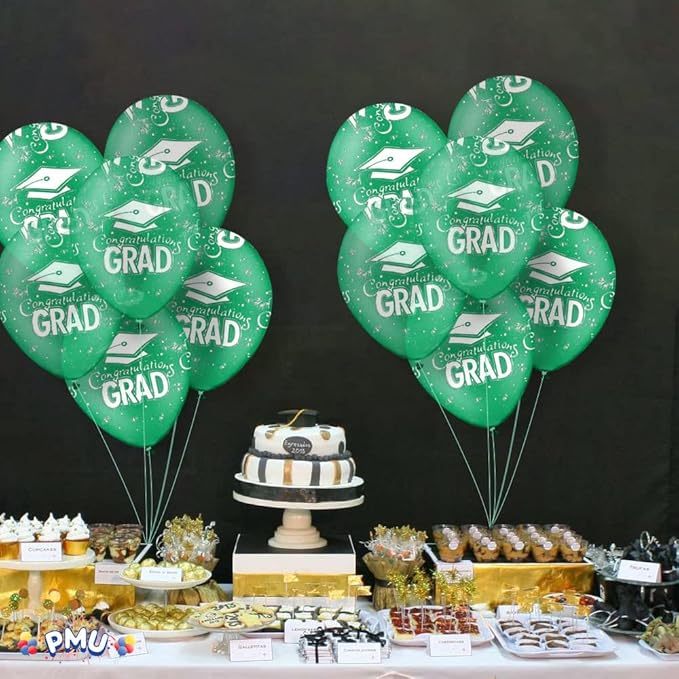 PMU 100 Pcs Crystal Green Graduation Balloons Class of 2025 with All-Over Print White Grad Caps-Confetti and Streamers | Graduation Party Supplies | Congratulations Grad Latex Balloons Latex