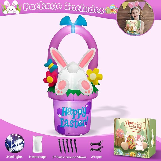 MICOCAH 6 FT Easter Inflatables Outdoor Decorations, Inflatable Easter Bunny Hidden in Flowers Basket Built-in LED Lights Cute Blow Up Yard Decoration for Spring Holiday Party Lawn Garden Decor