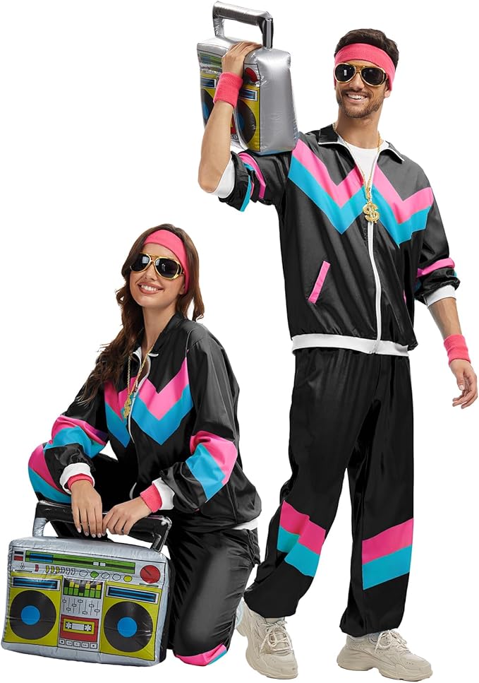 80s Outfit for Men Women-One Set 80s 90s Costumes with Accessories-Couples Track Suits for Halloween Carnival Party