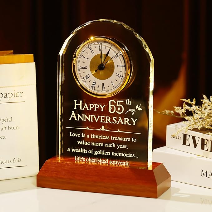 YWHL 65th Wedding Anniversary Clock Gifts for Parents Grandparents, 65 Years for Couples, Table Clock Glass Presents with Wooden Light Base for Home Decoration (Battery not Included)