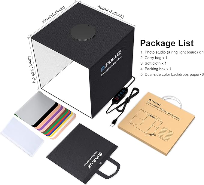 PULUZ Photo Light Box, 16" x 16" Professional Foldable Portable Studio Photography, Tri-Color Dimmable Light Shooting Tent Box with 12 Colors Backdrops & 144 LED Lights