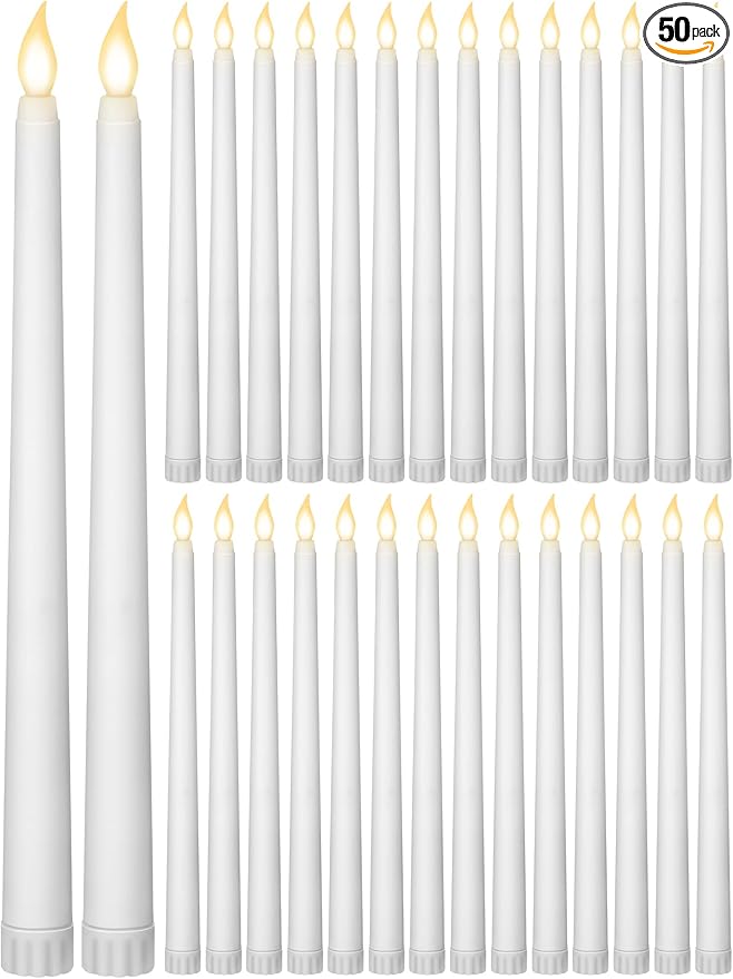 Retisee 50 Pcs 11 Inch Flameless Taper Candles LED Candles Bulk Battery Operated Taper Candle Flickering LED Candlesticks for Valentines Birthday Wedding Party Decor (Classic Style,White)