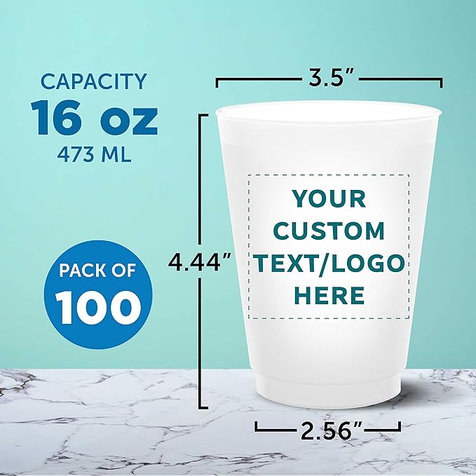 DISCOUNT PROMOS Custom Frosted Plastic Stadium Cups, 100 pack, Promotional Text, Logo, 16 oz. Shatterproof Flexible Reusable Party Cups– Pearl White