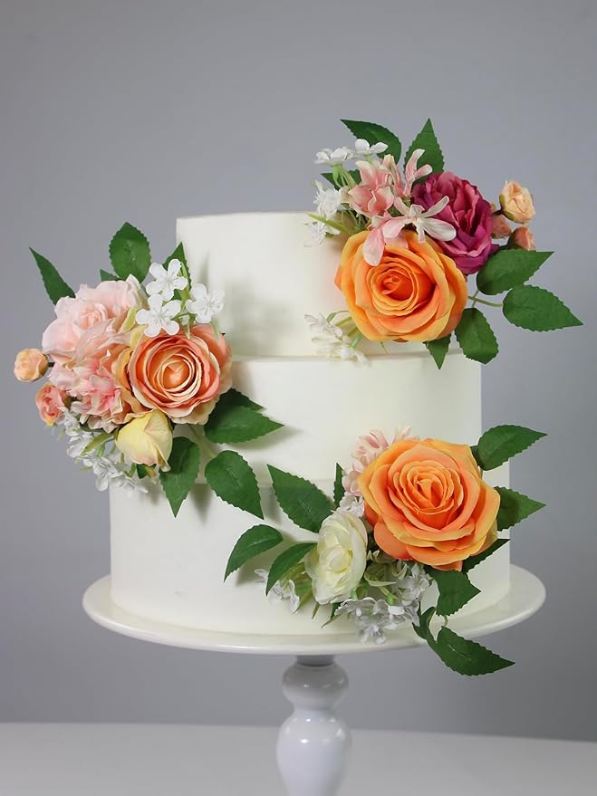 Rinlong 3Pcs Pre-made Cake Flowers Pink Coral Cake Decorations Wedding Cake Decorating Flowers Decor Girls Women Birthday Party Artificial Flowers Cake Toppers