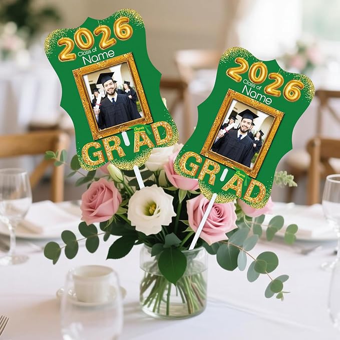 Personalized Graduation Double Sided Face Fan Class of 2026 Customized Graduation Head Face Cutout with Handle Fun Photo Prop Supplies(A-Green and Gold,12pcs)