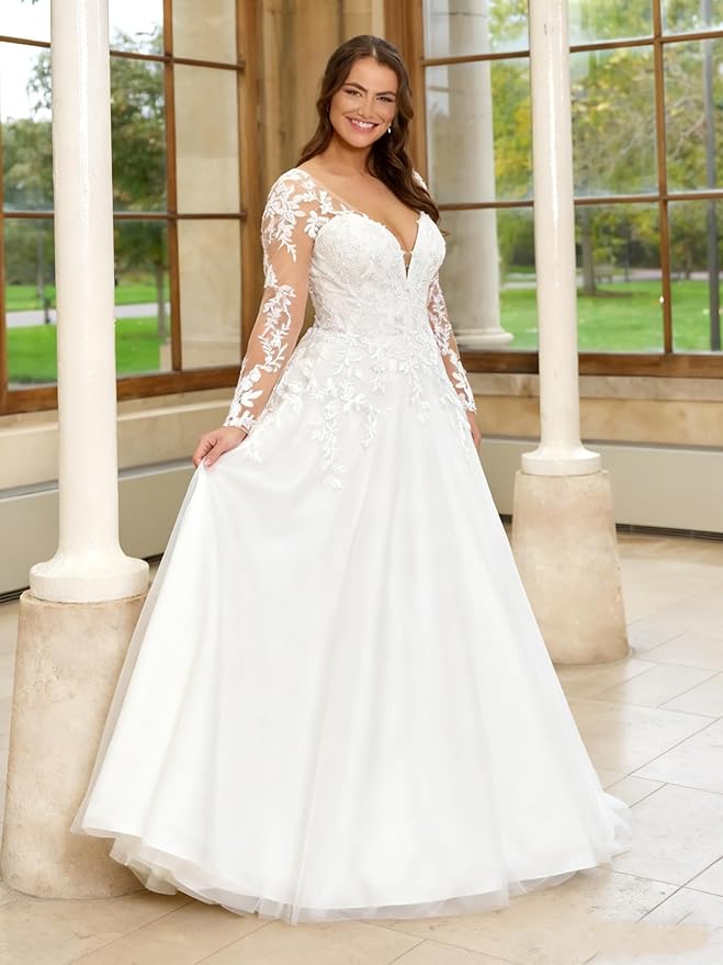 Plus Size Wedding Dresses for Bride Long Sleeve Wedding Bridal Gowns with Lace Appliques Off Shoulder Bride Dress