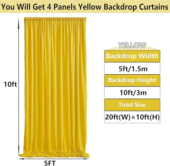 20×10 ft Yellow Wrinkle Free Backdrop Curtain for Party, 4 Panels 5×10ft Soft Silky Polyester Photo Backdrop Drapes Curtains for Wedding Birthday Themed Parties Baby Shower Photography Backgrounds