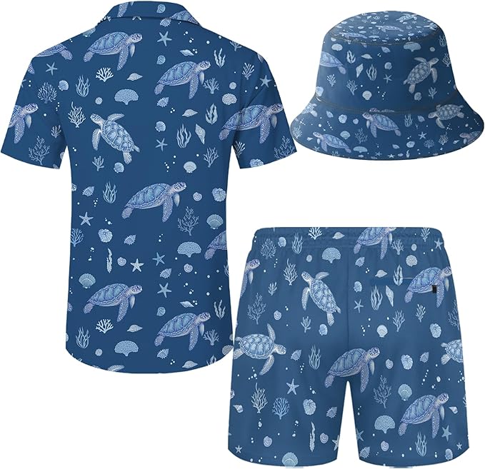 Men's Hawaiian Shirt and Shorts Set 2 Piece Beach Outfits with Bucket Hats for Beach Days and Summer Vibes