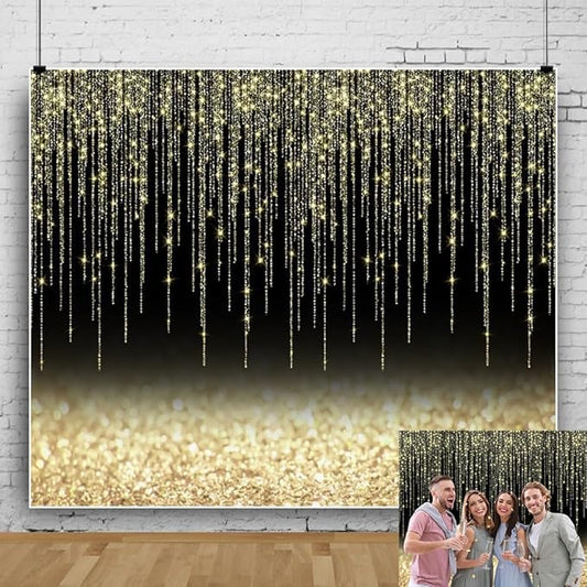 Black Gold Glitter Backdrop 10x8ft Christmas Birthday New Year Housewarming Retirement Party Graduation Background for Photography Theme Party Banner Studio Photo Booth Props