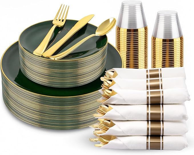 KIRE 175PCS Green Plastic Plates with Gold Rim - Heavy Duty Green Plates Disposable Include 50 Plastic Plate, 25Pre Rolled Napkins 25 Cups For St. Patrick's Day/Party/Wedding