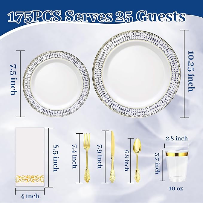MENDENG 175pcs Plastic Plates for Party Plates Disposable Heavy Duty Platos Desechables Elegantes, Thanksgiving Christmas Plates Disposable with Cups and Napkins and Gold Cutlery Set