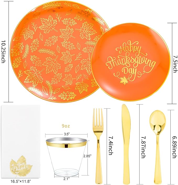 Nervure 175PCS Thanksgiving Plates - Orange and Gold Disposable Plates Include 25Dinner Plate, 25Dessert Plate, 25Cups, 25Knives, 25Forks, 25Spoons, 25 Fall Napkins for Thanksgiving Day
