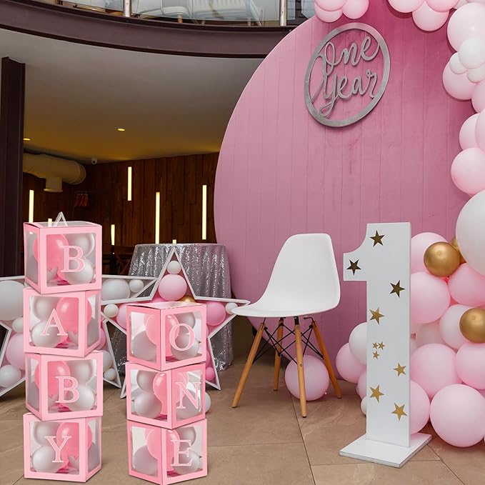 Thyle 12 Pcs Transparent Balloon Boxes Clear Balloon Boxes with 99 Letters for Baby Shower Gender Reveal Grad Birthday Party Bridal Wedding Anniversary Backdrop Decoration (Pink)