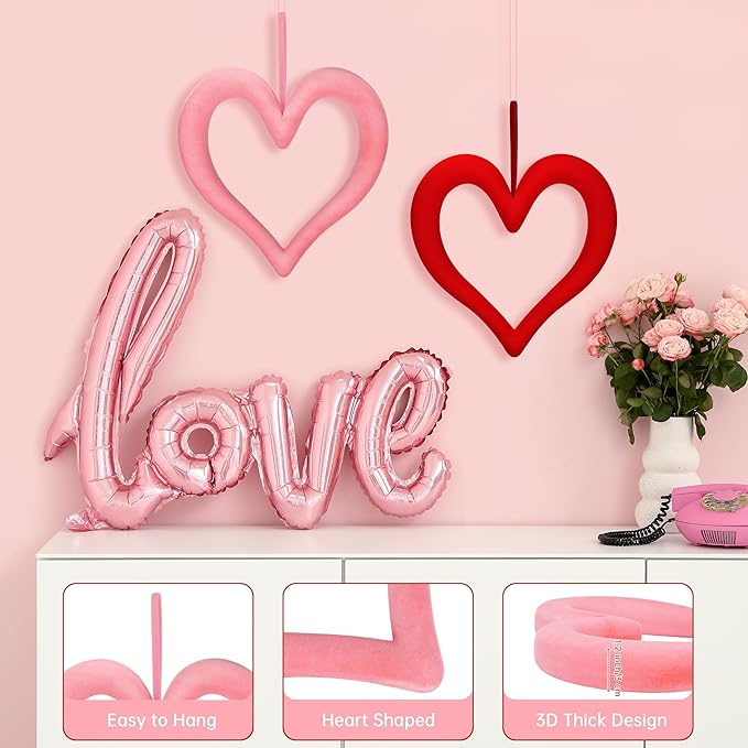 Aneco 6 Pieces Valentine‘s Day 3D Velvet Heart Hanging Ornament 9.45 Inch Foam Heart Wreaths for Valentine‘s Day Wedding Anniversary Front Door Home Decor, Red and Pink