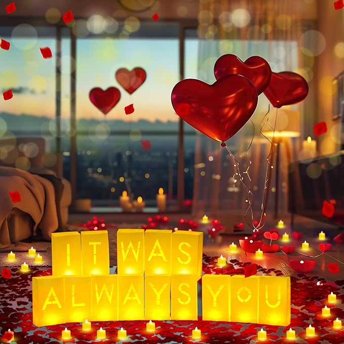 6086 Pcs It was Always You Light up Letters with LED Flameless Tealight Candle Red Rose Petal Letter Luminary Paper Bag for Valentine's Day Decoration Proposal Romantic Special Night Decor