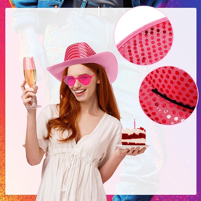 Bonuci Sequin Glitter Cow Hat and Funny Rimless Sunglasses Sparkly Party Favor for Women Men