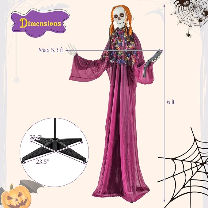 BECOMFORT 6 FT Halloween Animatronics, Sound-Activated Skeleton Girl with Book, Glowing Eyes, Howling Sounds, Moving Head & Posable Arms, Animated Halloween Props Decoration for Indoor & Outdoor