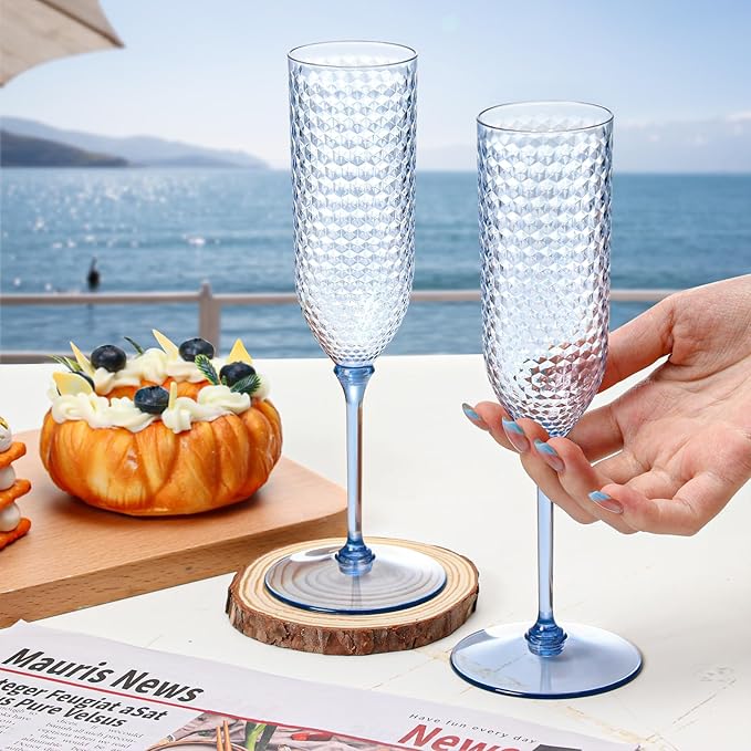 XUWAIDSGN 48 Pack Blue Detachable 2 piece Champagne Flutes 5.5 Oz Unbreakable Plastic Mimosa Disposable Champagne Glasses Drinking Cups Stemmed Reusable Wine Toasting Glasses for Wedding