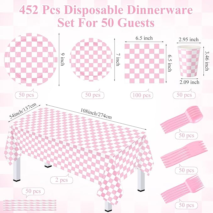 452 Pcs Light Pink and White Gingham Party Supplies for 50, Pink Checkered Gingham Paper Plates Napkins Cups Tablecloth Cutlery Straws for Picnic Camping Birthday Baby Shower Decoration