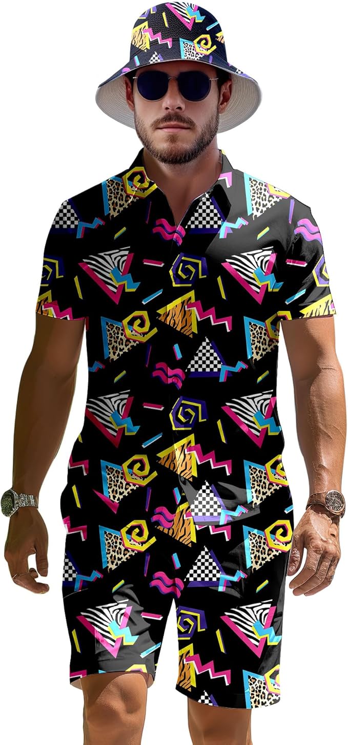 Men's 2 Piece Tracksuit 80s 90s Outfit Button Down 80s Shirts and Shorts Sets with Bucket Hats