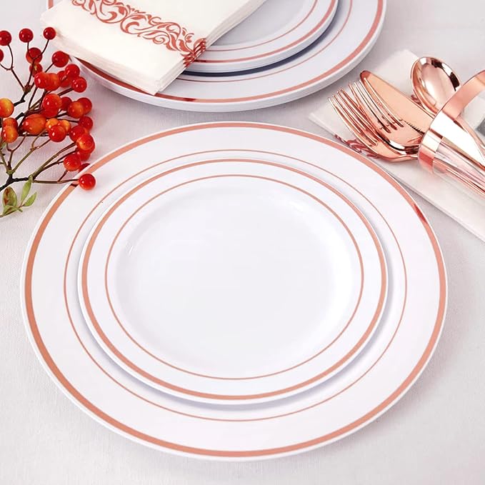 Sylans 700 Piece Dinnerware Set for Wedding & Party,100 Guest RimPlastic Plates,100 Plastic Silverware,100 Cups,100 Linen Like Napkins (Rose Glod) ypj