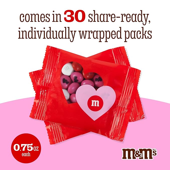 M&M’S Heart Party Favors, Set of 30, Milk Chocolate Valentine’s Gifts for Groups, Classroom Exchanges, and Party Décor, Individually Wrapped Red, White and Pink M&M’S with Heart and LOVE Designs