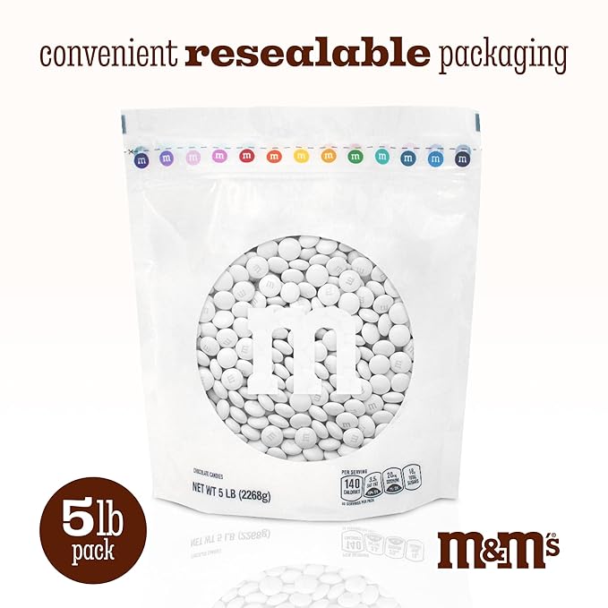 M&M’S WORLD White Milk Chocolate Candy, 5 lbs Resealable Pack, Bulk Candy for Party Favors, Weddings, Birthdays, Easter & Graduations