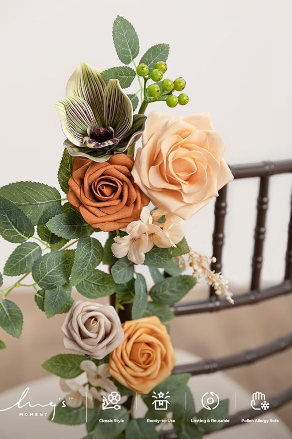 Ling's moment 10pcs Wedding Chair Decorations Aisle Floral Swag Artificial Pew Flowers Hanging Garland Apricot & Cream for Ceremony Reception Church Rose Floral Faux Arrangement Party Outdoor Decor