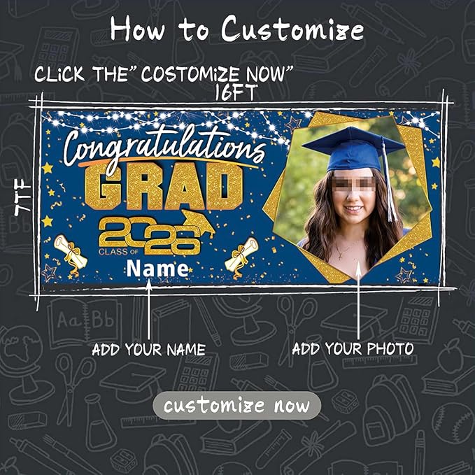Custom Garaduation Garage Door Banner Cover 16 x 7 ft Class of 2026 Congrats Grad Party Backdrop Personalized Graduation Decoration(Blue and Gold)