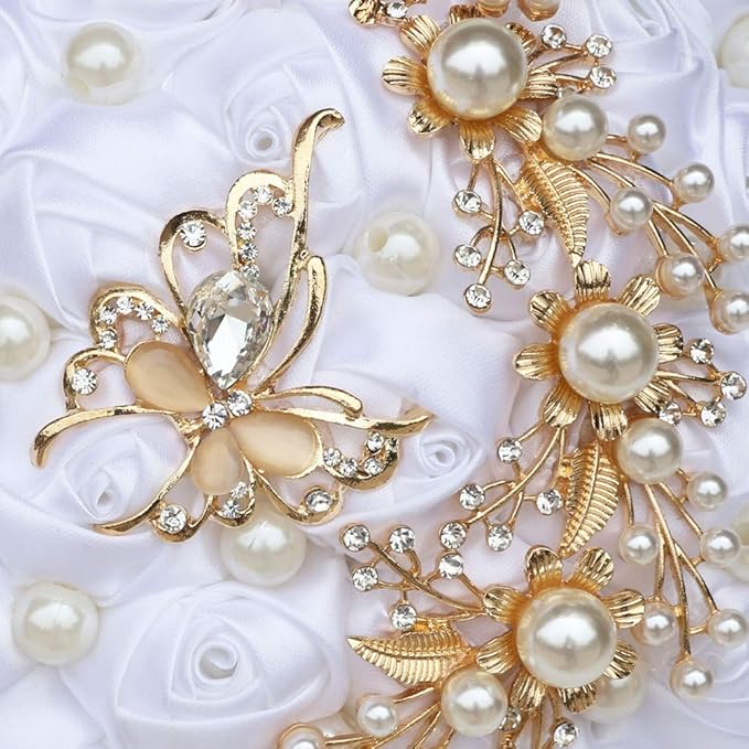 Handmade Wedding Bride Bridesmaid Bridal Bouquet Rose Holding Toss Artificial Flowers Bouquets with Satin Ribbon Pearls Rhinestone for Wedding Celebration Valentine’s Day Parties Bouquet Decor
